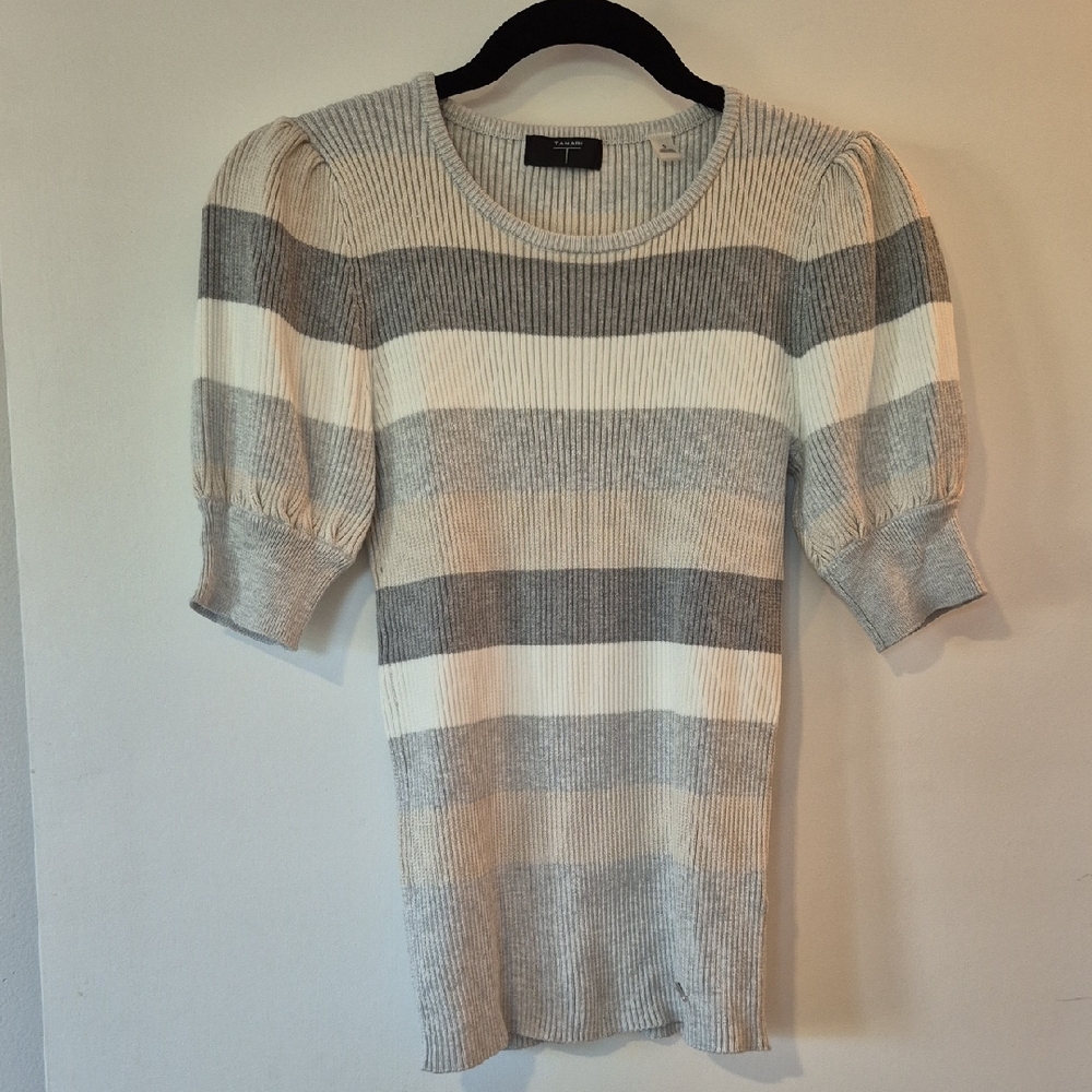 Tahari Gray and Cream Striped Top